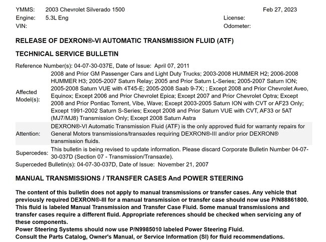 1997 CHEVY S10 TRANSMISSION FLUID TYPE visual data 5